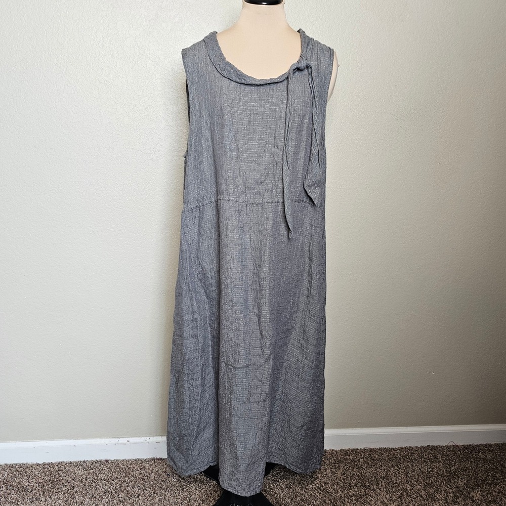 Flax 100% Linen Sleeveless Maxi Dress Grey Textured Lagenlook Tie Neck Large